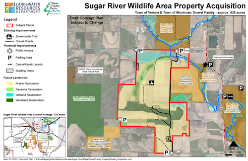 A map outlining the proposed Sugar River Wildlife Area Property Acquisition boundaries and the nearby landmarks